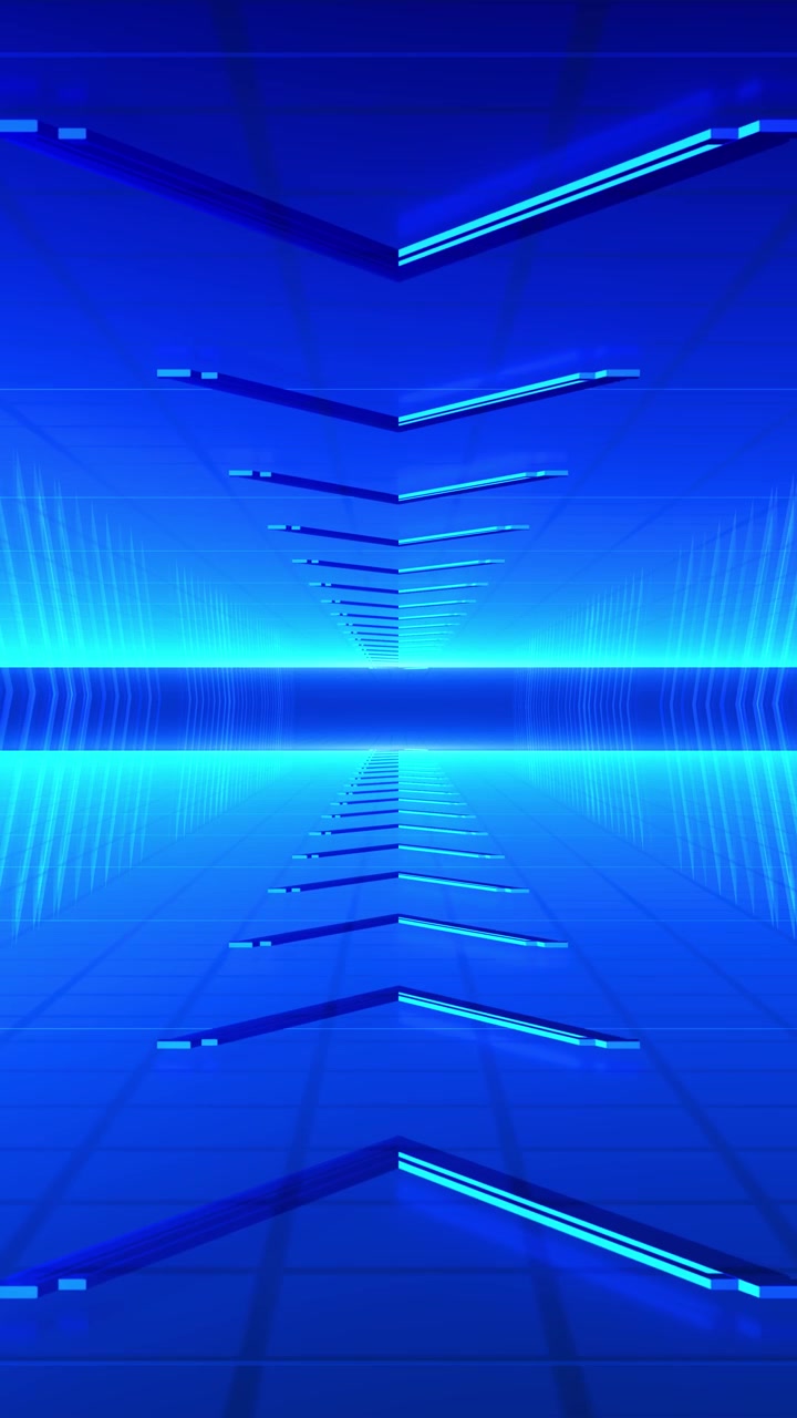 Bright blue geometric corridor extends mirrored reflections glowing lines repeating structures