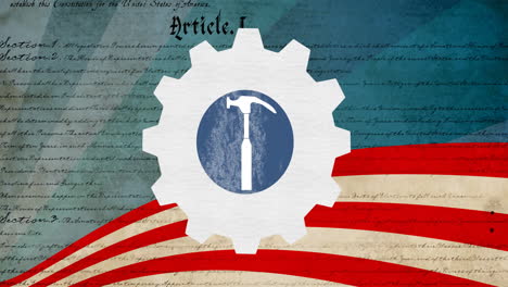 animación del día del trabajo martillo sobre engranaje, texto de la constitución y bandera estadounidense