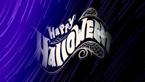 happy halloween text animation over purple and black background with spider webs