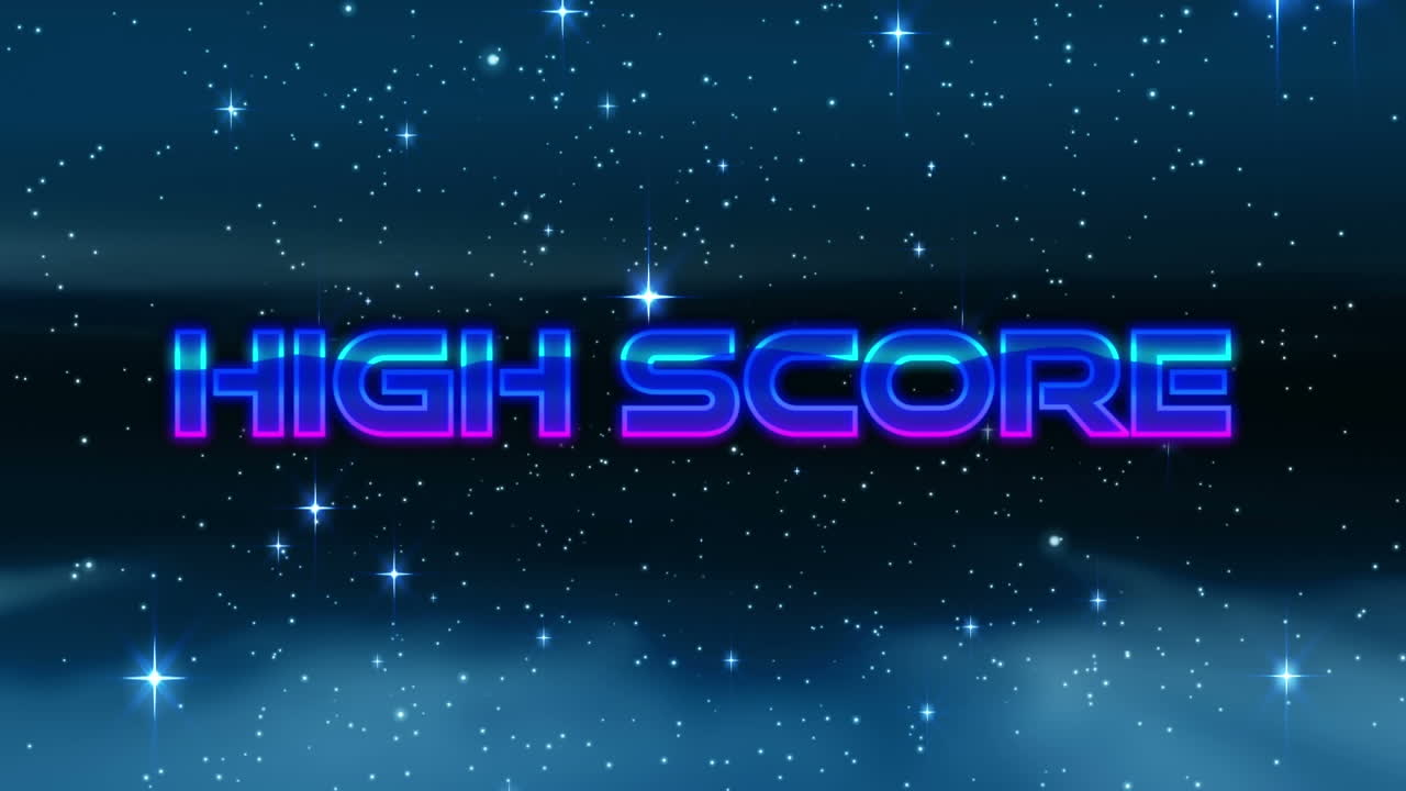 별과 빛의 반점 위에 파란색 금속 문자로 높은 점수 텍스트의 애니메이션