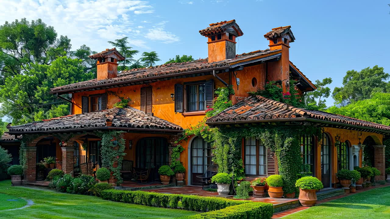 Charming orange rustic house. A vibrant orange house surrounded by green trees features terracotta roofs and lush vines climbing its walls