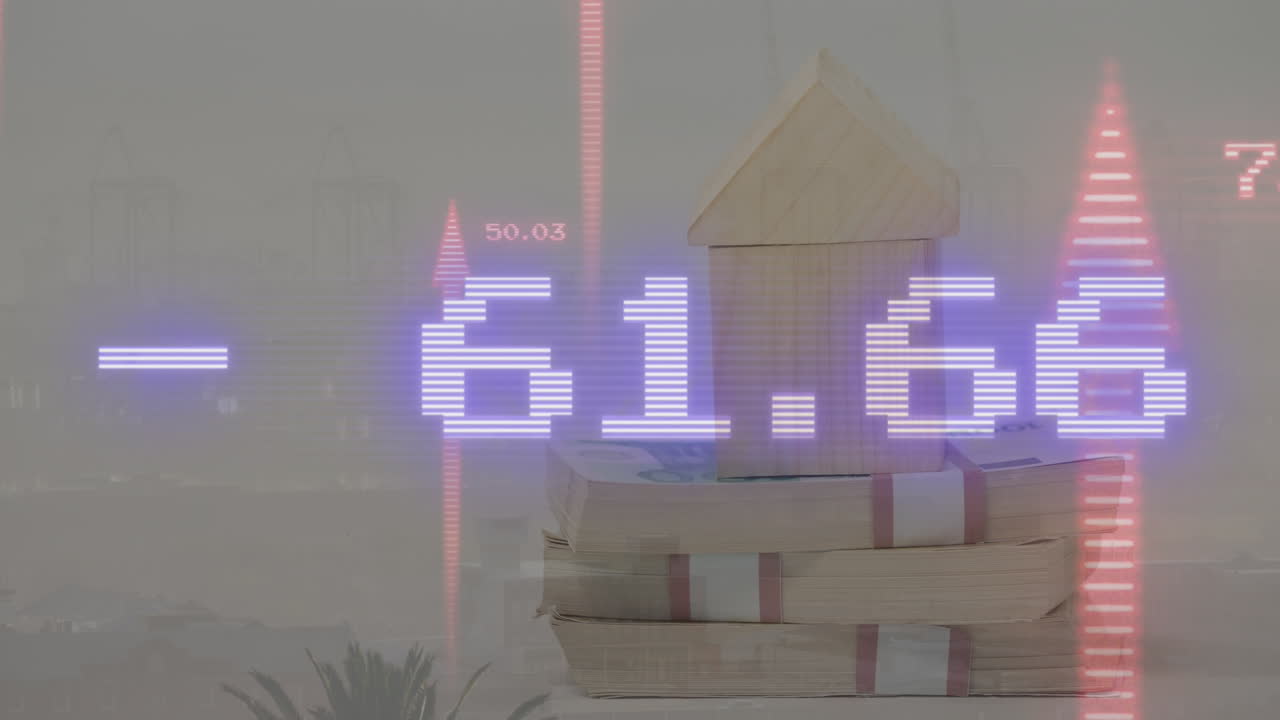 도시 풍경에 대한 목조 집 모델에 대한 증권 시장 데이터 처리의 애니메이션