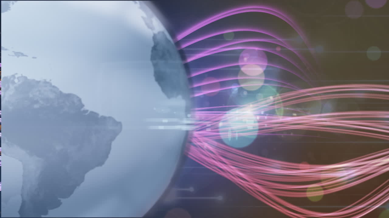 animación de un globo giratorio sobre rastros de luz coloridos y puntos de luz en fondo azul