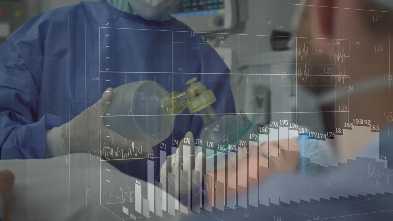 Medical doctor holding manual resuscitator bag in operating room, displaying real-time data charts