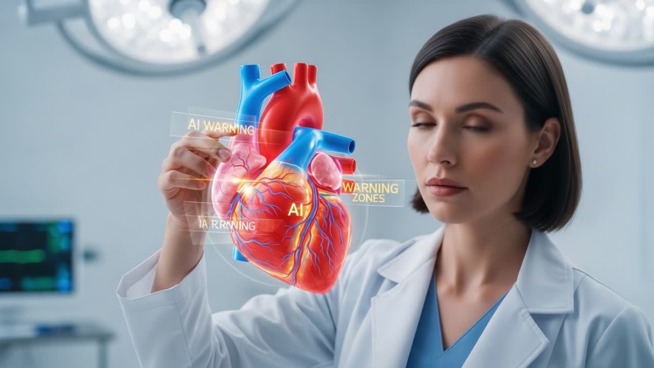 A medical professional analyzes a holographic heart model, highlighting critical information with AI technology in a modern healthcare setting, focusing on anatomical details and health assessments.