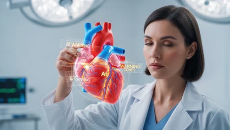 a medical professional analyzes a holographic heart model, highlighting critical information with ai technology in a modern healthcare setting, focusing on anatomical details and health assessments.