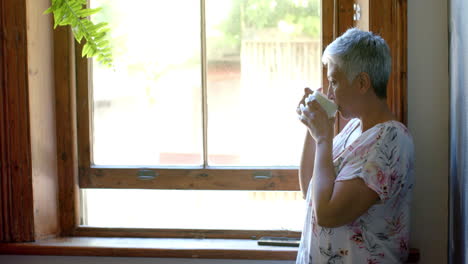 Reflexiva-Mujer-Birracial-Mayor-Bebiendo-Té-En-La-Ventana-De-Casa,-Cámara-Lenta