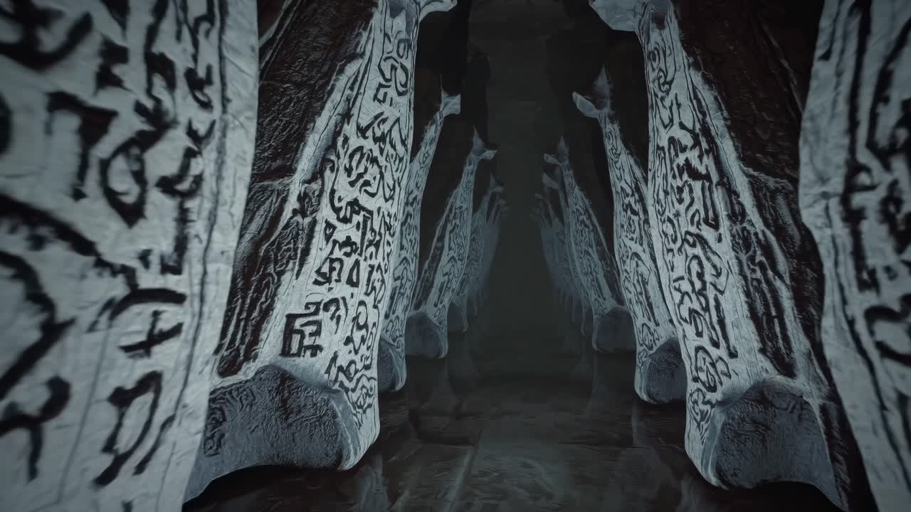 Mysterious Cave Tunnel with Ancient Runes