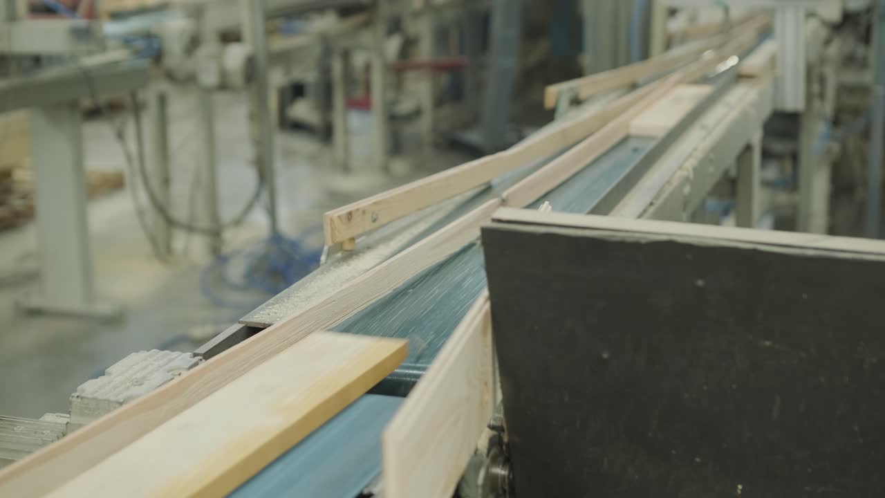 Tavole di legno in movimento su un nastro trasportatore in una fabbrica industriale