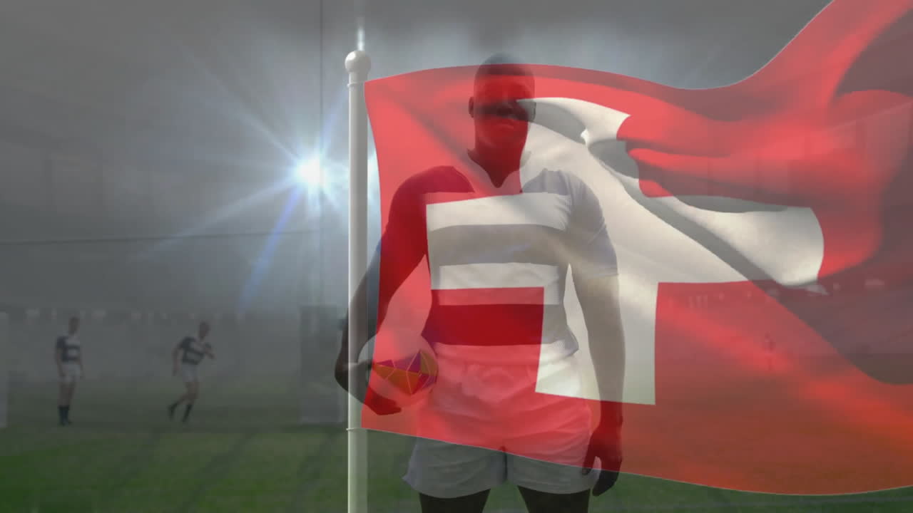 Holding rugby ball, player with Swiss flag animation on foggy field
