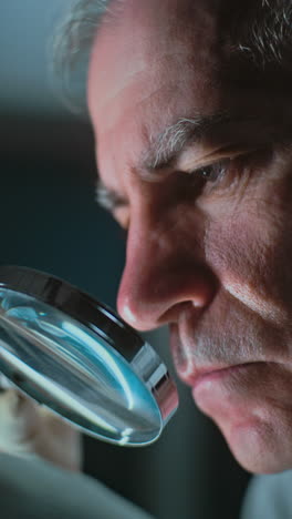 close-up of a person examining something using a magnifying glass