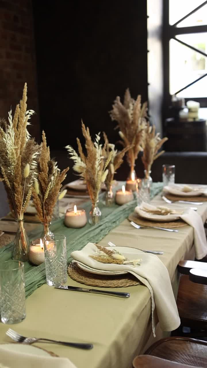 Meja Makan Nyaman Dihiasi Rumput Pampas dan Lilin Menyala