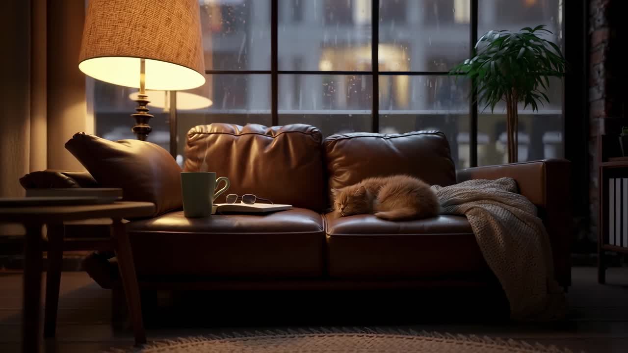 Cozy living room scene with a cat on a sofa, warm lighting, shot from eye-level