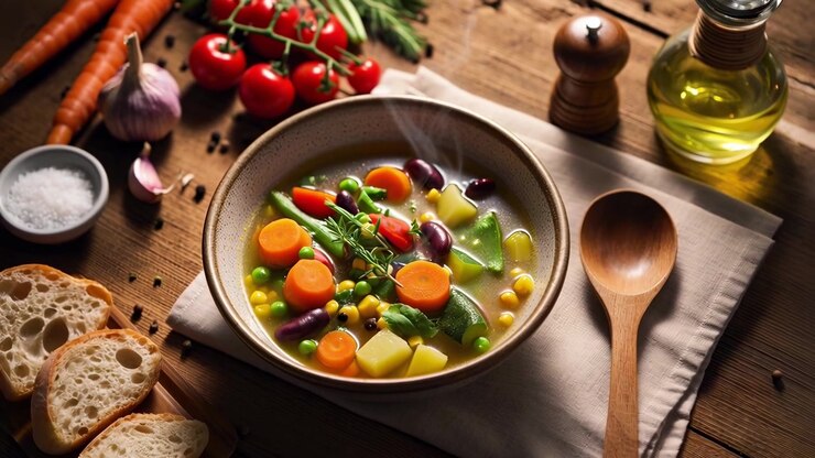 Ciotola fumante di zuppa di verdure fresche su un tavolo di legno rustico