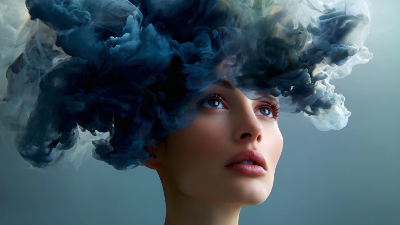 A Dreamy Portrait Featuring Ethereal Swirls of Colorful Smoke as a Unique Hairdo, Capturing the Enchanting Essence of Beauty and Imagination in Artistic Expression