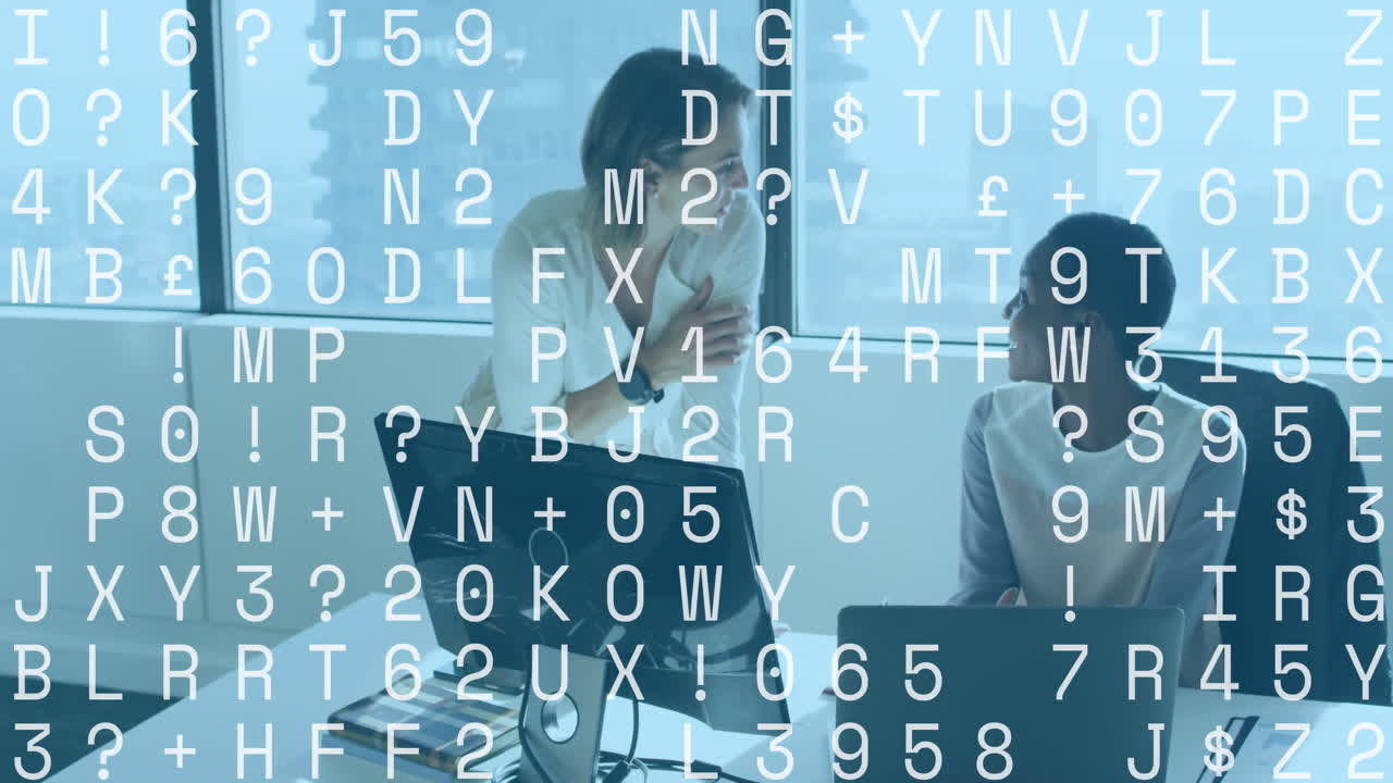 Binary code animation over business people working in modern office