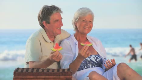 mature couple eating picnicking on a beach