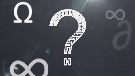Question-mark-and-mathematical-symbols-against-spot-of-light-on-grey-background