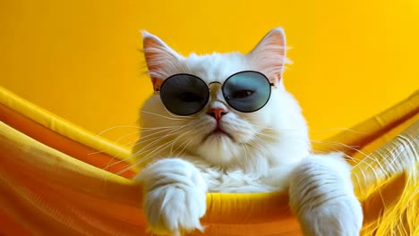 a white cat wearing sunglasses laying on a yellow blanket