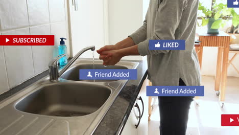 washing hands at kitchen sink, person seeing animation of social media notifications