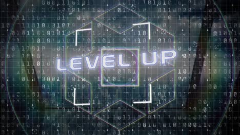 animation of level up text and shapes over data processing