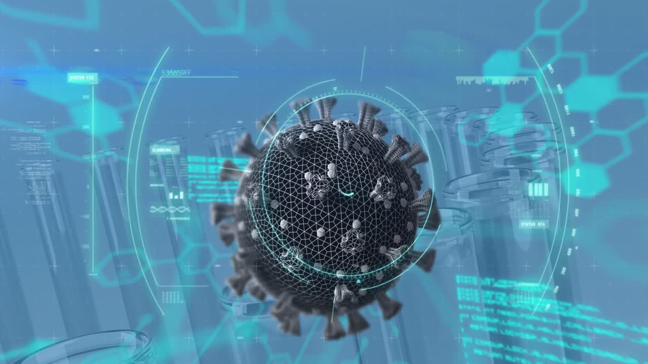 의료 데이터 처리 및 테스트 튜브에 대한 코로나 19 세포의 애니메이션