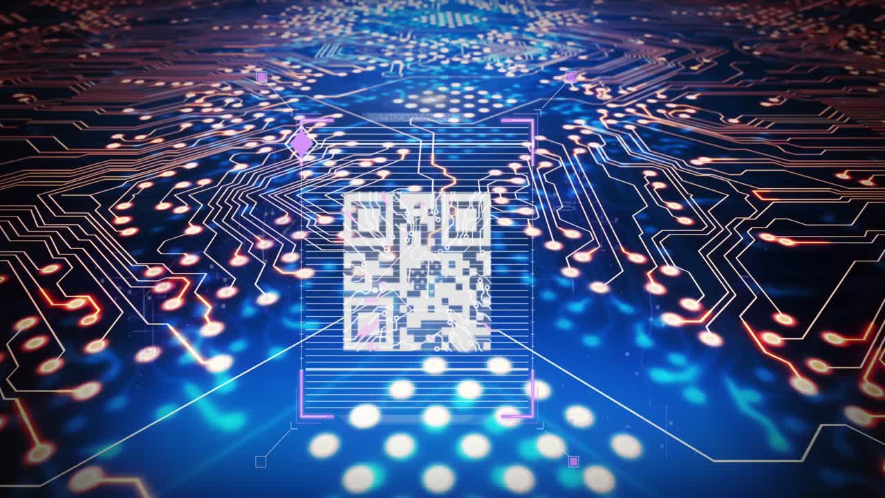 animación de circuito integrado y código qr en fondo naval