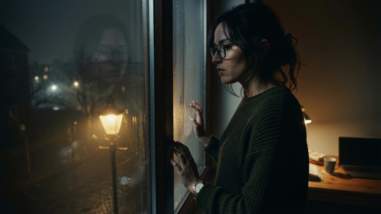 Standing woman in sweater after work, pressing hands, gazing out tall window at night, copy space