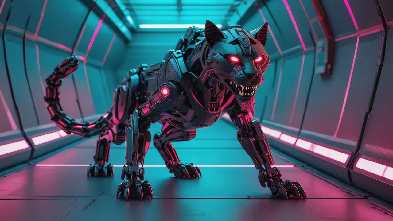 Futuristic Robotic Panther in Cyberpunk Tunnel