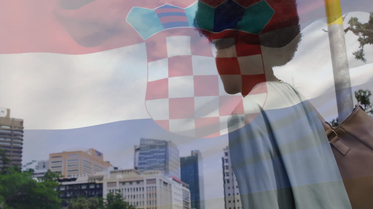 Walking in city, person with Croatian flag animation overlaying scene