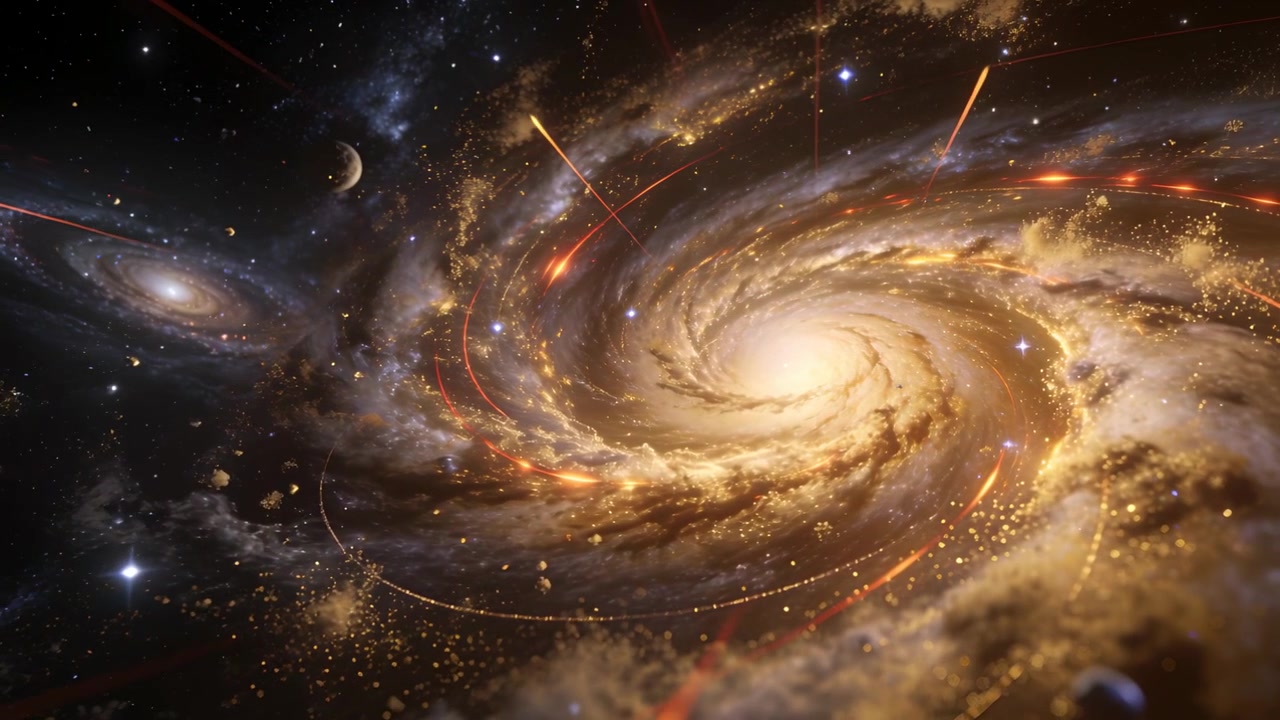 Zoom della telecamera che rivela una galassia luminosa che ruota verso il nucleo nello spazio, vicino a sfere a sinistra e scie rosse