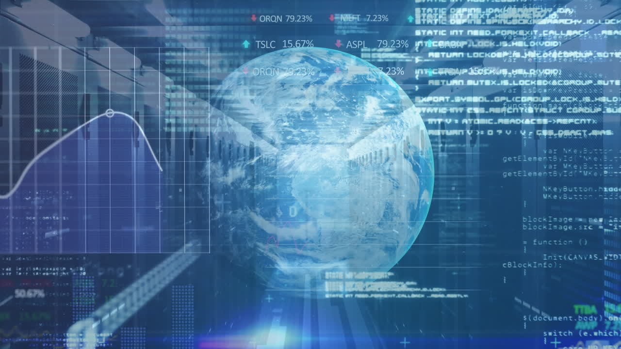 Animation of statistics with data processing and globe spinning over an empty locker room