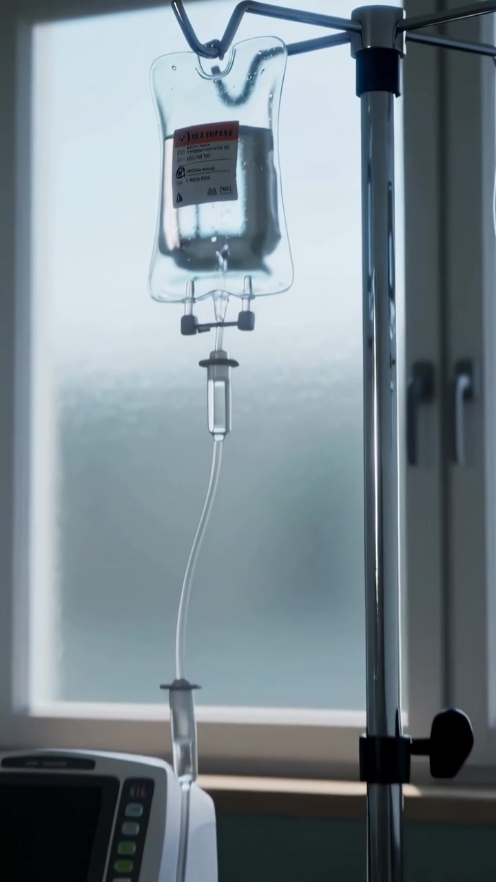 Video verticale: Sacca per flebo che gocciola inviando liquido in una pompa in reparto dopo essere stata appesa per la terapia