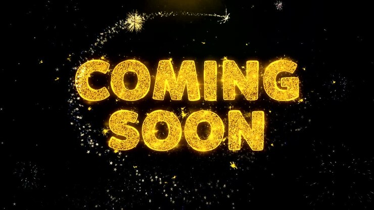 Coming Soon Text on Gold Particles Fireworks Display.