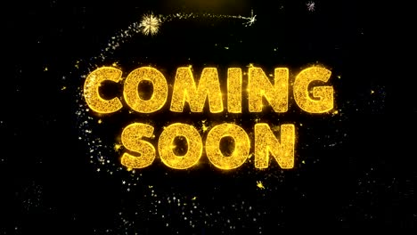 coming soon text on gold particles fireworks display.