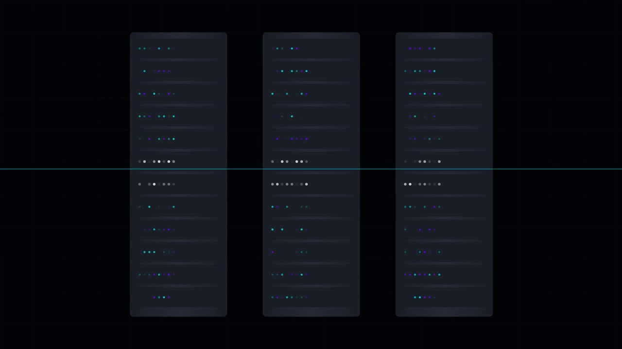 Abstracte digitale serverracks met scannende datalichten.
