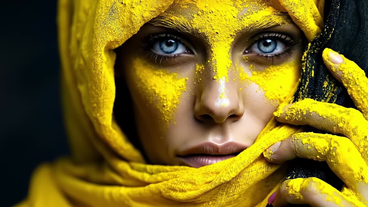 A woman with yellow paint on her face and hands