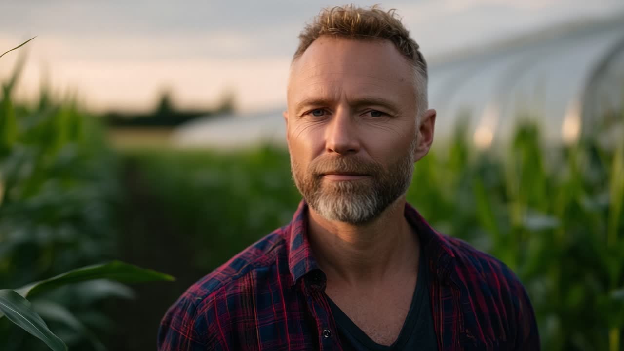 In a serene field at sunset, a contemplative man stands among vibrant corn plants, reflecting on nature's beauty and interconnectedness with the environment