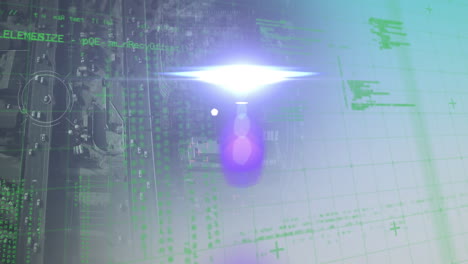 Animation of light trails over scope scanning with data processing and cityscape