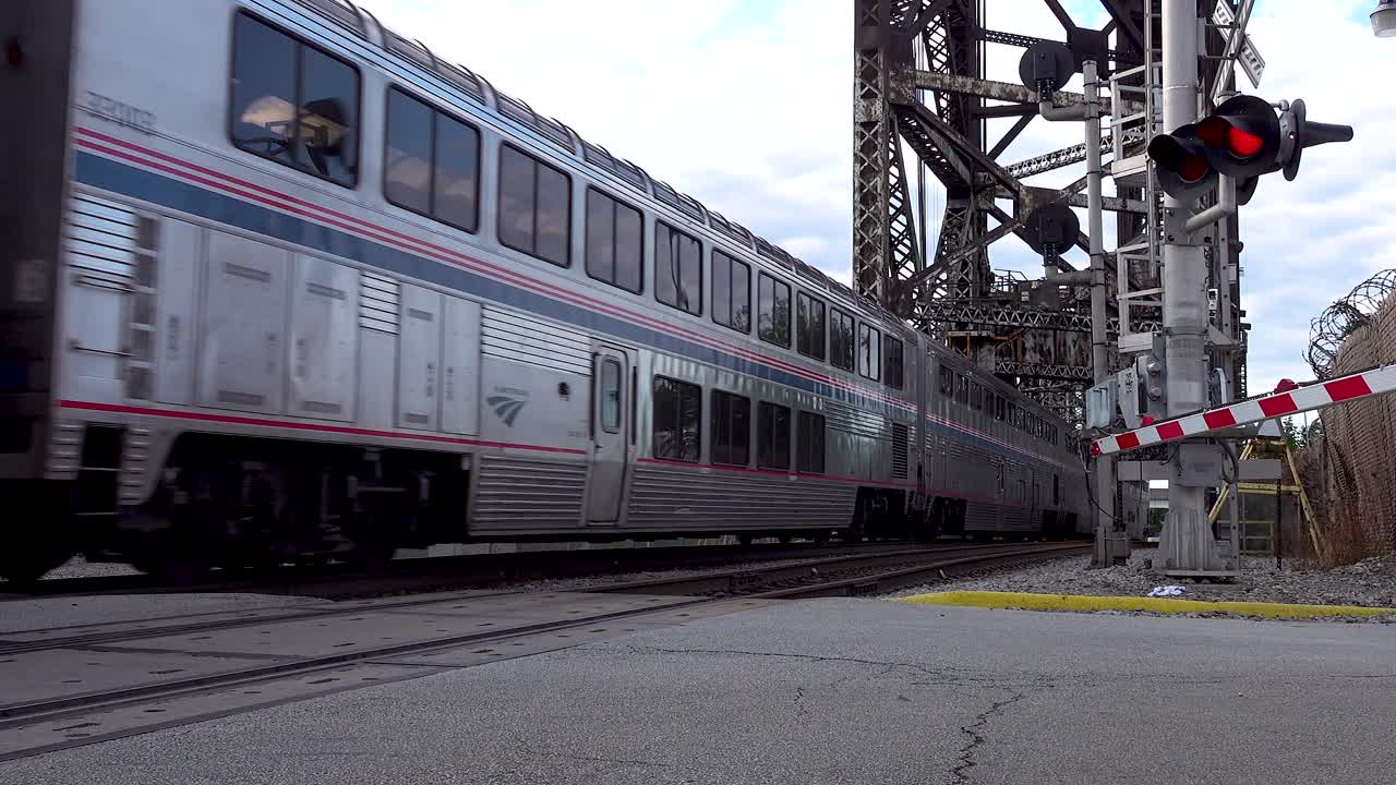 passenger train on track close up amtrack 4k