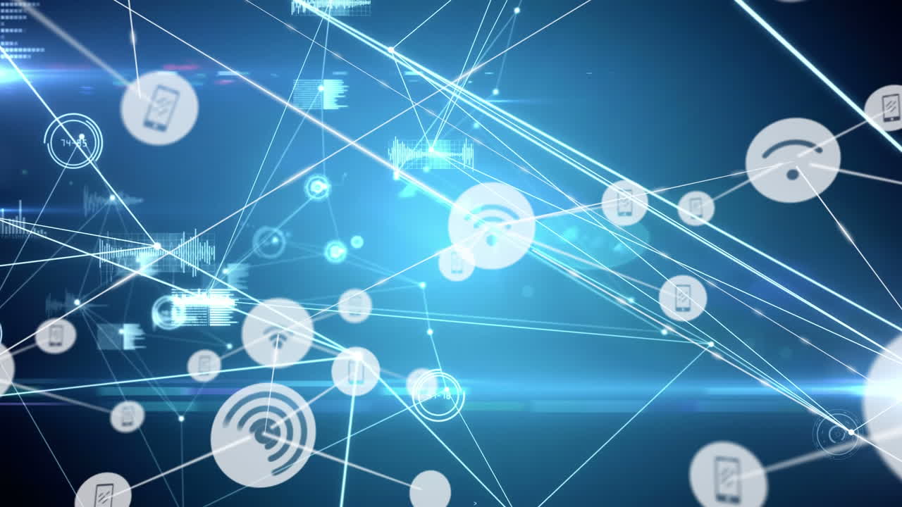 conectores en movimiento y datos digitales en fondo azul