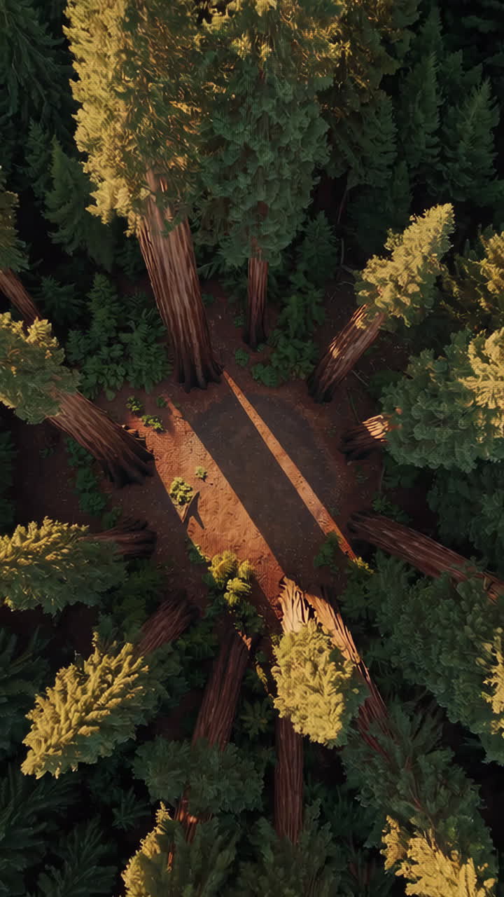 Vista aerea di una radura in una foresta di sequoie con l'ombra di una persona