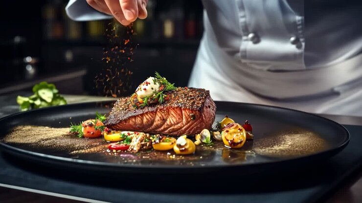 Vidéo de cuisine gastronomique avec un gros plan d’un chef dressant du saumon saisi avec des légumes