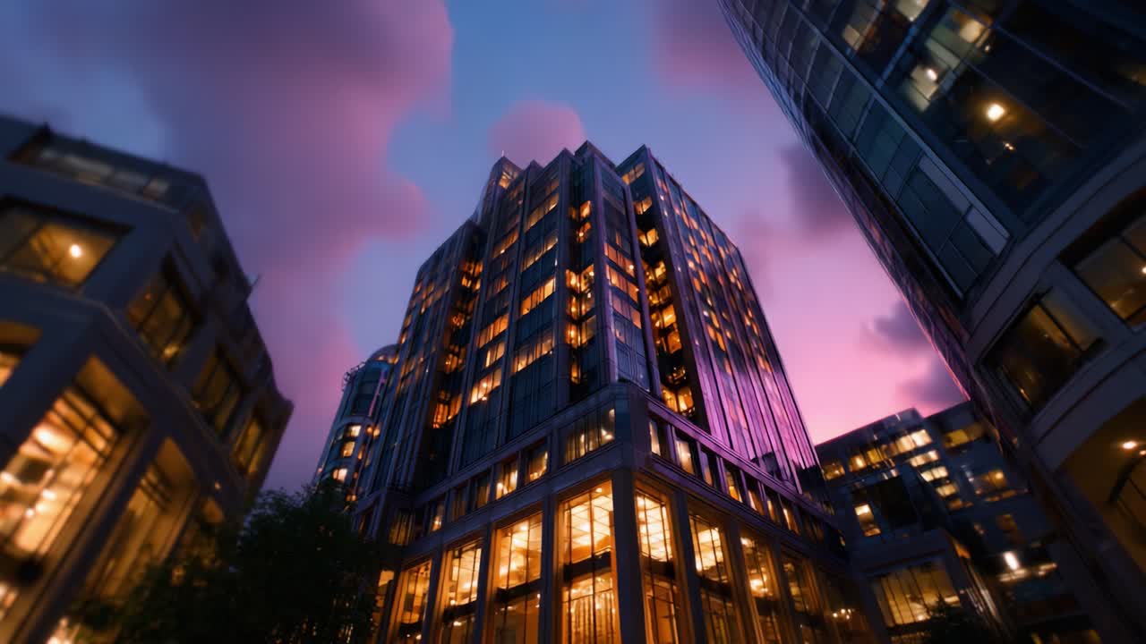 Maravilha arquitetônica de tirar o fôlego: uma vista deslumbrante de um edifício moderno e reluzente contra um céu crepuscular, destacando a elegância urbana e o design contemporâneo