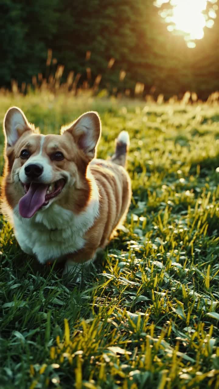 A joyful corgi runs through a sunlit field, captured from a low-angle, creating a lively and dynamic