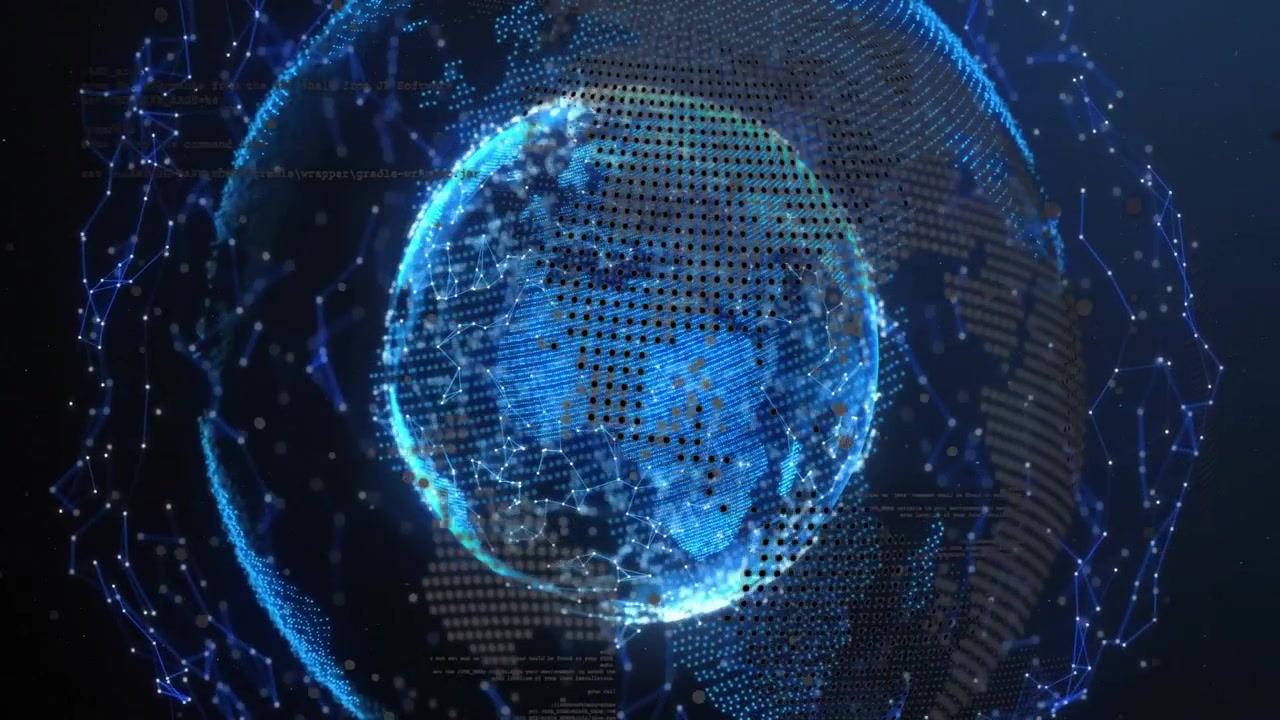Glowing blue holographic data globe spinning in digital interface, floating code streams and nodes