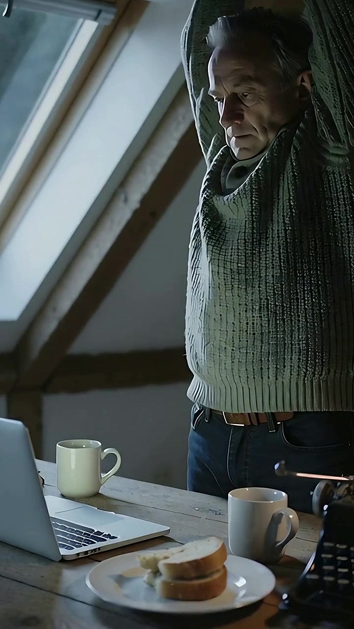 Vertical video: Leaning, senior wearing sweater stretching overhead at loft desk on laptop