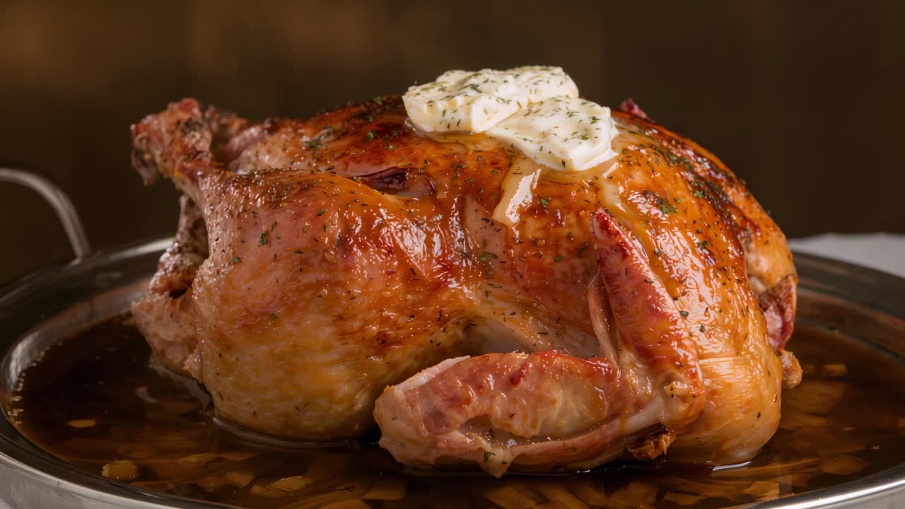 Melting pat of herb butter glossing whole roasted chicken in shallow pan in kitchen
