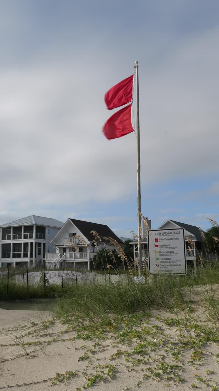 Double red flags indicating closed waters next to informational signs tucked in sand dunes with sea oats on Cape San Blas in the Florida panhandle.