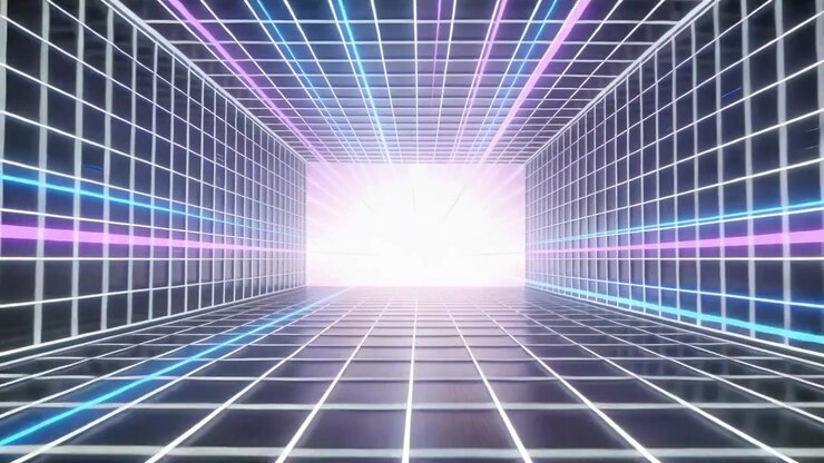 Brightening portal causing neon-grid tunnel surging toward light in corridor, revealing stars rays
